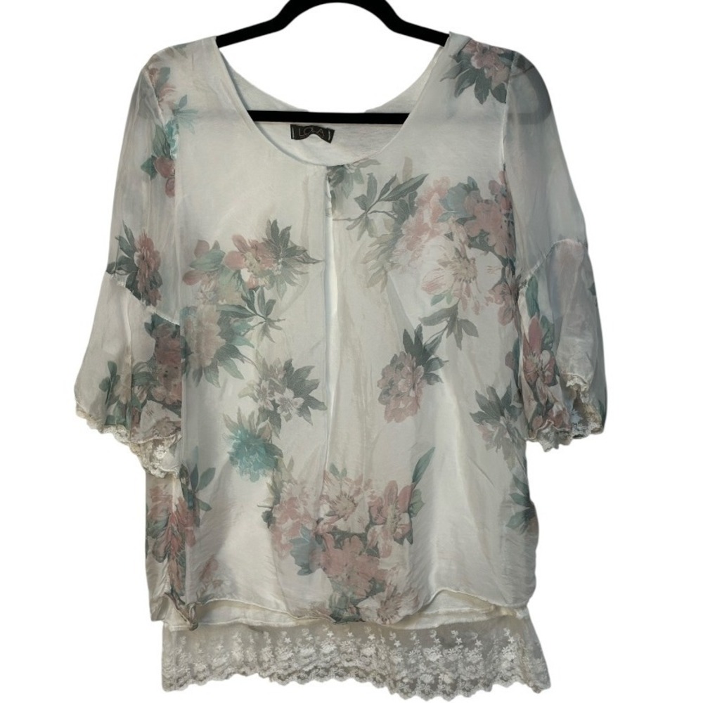 LOLA Blouse Floral Sheer Silk Lace Trim Bell Sleeve White Pink Green Italian S